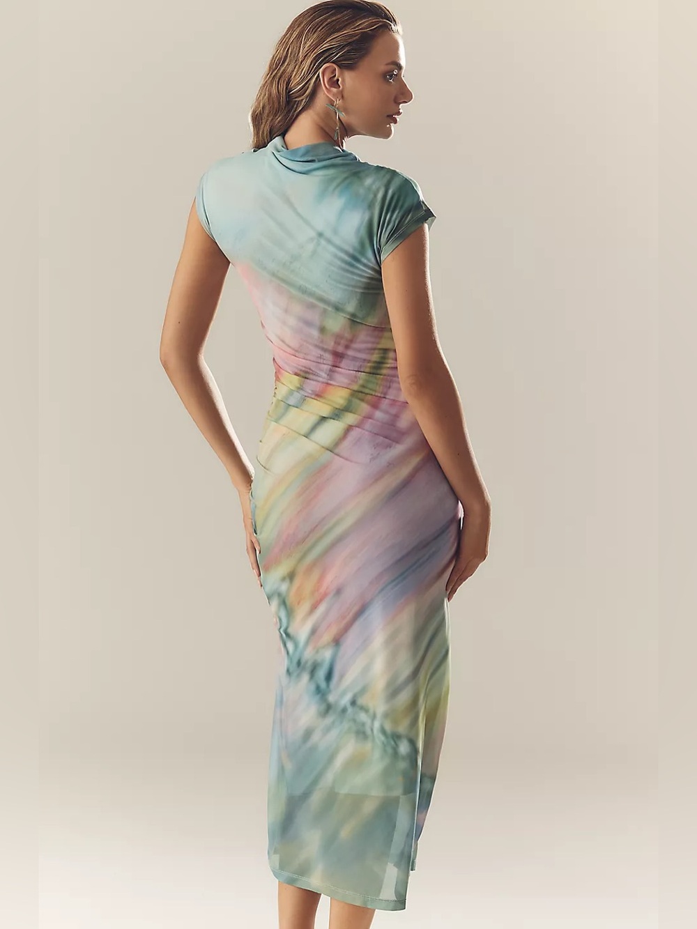 NWT Anthropologie The Maya Ruched Cowl Neck Mesh Dress Watercolor S Small - Picture 2 of 5